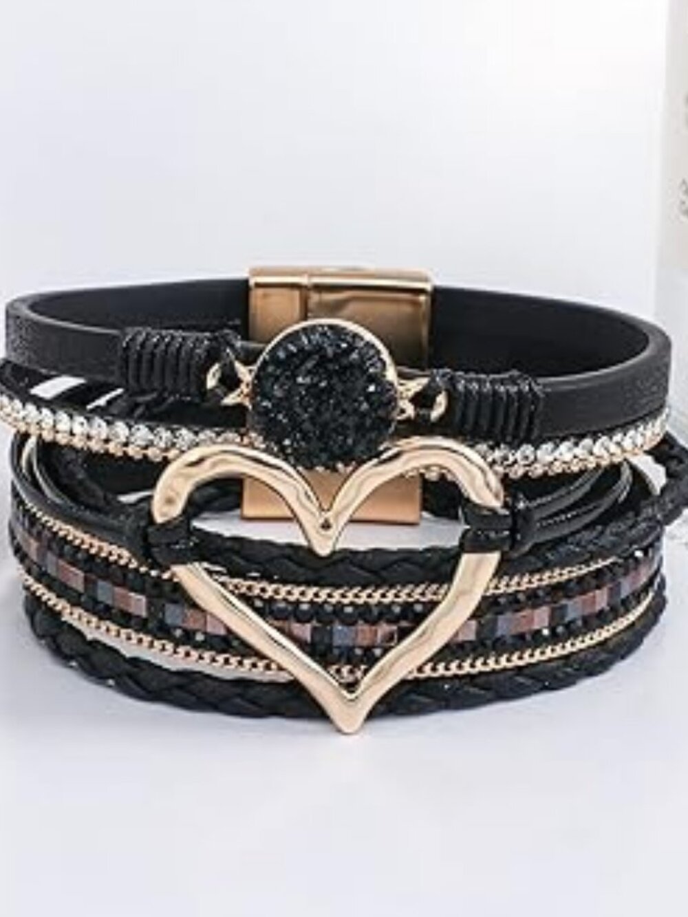 New Boho Leather Wrap Bracelet Beaded Stackable Black & Gold Cowgirl Jewelry